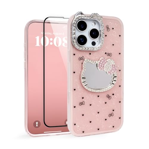 Cute Phone Case for iPhone 13 Extra HD Screen Protector, Cartoon Cat iPhone Case with Makeup Mirror, Soft Shockproof Protective Phone Cover for Women Girls & Girls Kids