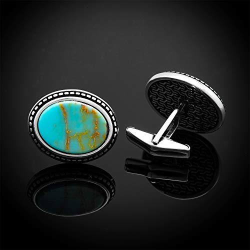 Chicotta Men's Large Sterling Silver Cufflinks With Oval Shape Antique Turquoise Gemstone #TOP2