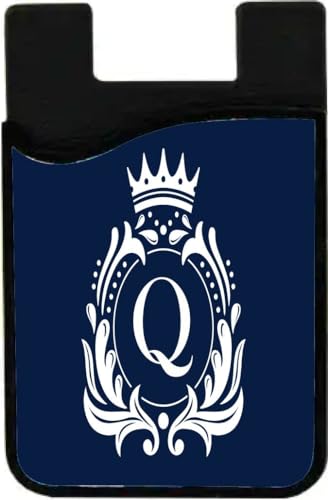 Island Gifting - Letter Q Monogram - Fancy Crown on Dark Blue Design - Stick-on ID Card Holder for iPhone/Galaxy/Google Android Cases