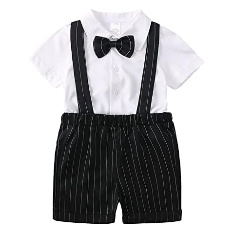 OVTRB Baby Boys Gentleman Suit Set Kids Short Sleeve Bowtie Shirt Tops Suspenders Shorts Infant Toddler Formal Shorts Set0-24M Cover