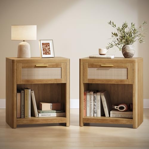 Image of VASAGLE Set of 2 Boho Nightstands with Rattan-Look Drawer | Accent Side End Tables, Open Compartment, Rounded Corners, for Bedroom Bedside, Natural Brown, ELLAN Collection ULET818KC01