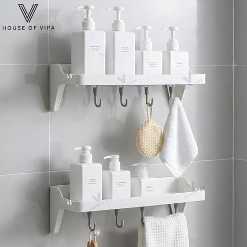 Image of HOUSE OF VIPA Bathroom Shelf for Wall, Self-Adhesive Bathroom Organiser with Towel Holder, Ideal Bathroom Accessories for Efficient Space Utilisation (Bath Shelf Rack, Pack 2)