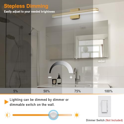 Image of SineRise LED Modern Bathroom Vanity Light Fixtures (24-Inch, 3000K /4000K /6000K, Dimmable), Gold Modern Acrylic Bathroom Wall Lighting Fixtures Over Mirror