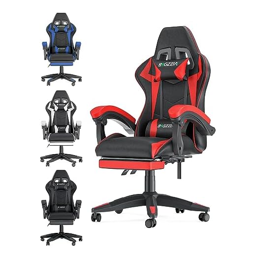 bigzzia Silla Gaming，Silla Ergonómica para Videojuegos, Oficina y Estudio, Silla Gaming con Cojín Lumbar y Reposacabezas, Regulable en Altura(con reposapiés, Gris) (con reposapiés, Rojo)