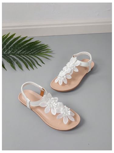 GORGLITTER Women's Flower Flat Sandals Wedding Sandals for Bride T-Strap Thongs Open Toe Summer Beach Shoes2