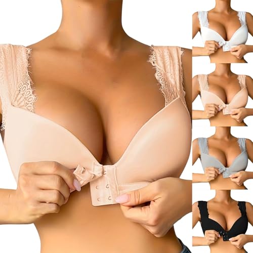 JiXiang Front Closure Bras for Women Lace Gathered Comfortable Everyday Bra No Underwire Push-Up Wide Strap T-Shirt Bralettes - image 1