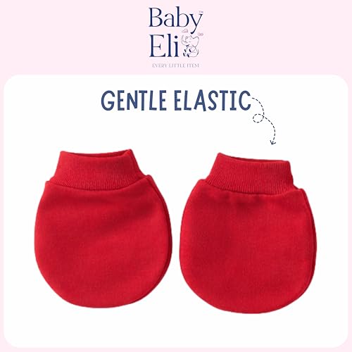 Image of Baby Eli Cotton Newborn Mittens (Picot Wrist) Set of 6 for Baby Boys & Girls 0-6 Months | Soft and Cozy Unisex Infant Gloves | Assorted Baby Hand Gloves | Adjustable Scratch Protection