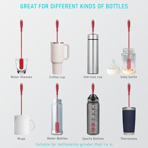 Image of 15.7 inch Silicone Bottle Brush, ddLUCK Water Bottle Cleaner Brush for Stanley, Hydroflasks, Glass, Thermos Sports Bottle, Vase and Glassware, Bottle Brush Cleaner for Small Narrow Neck Containers (Red)