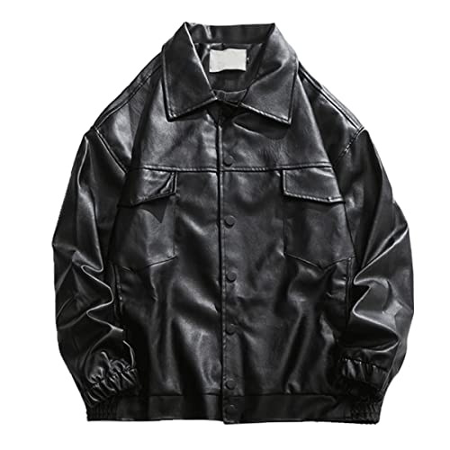 Men's Black Oversized Sheepskin Baseball Leather Jacket High Street Sporty Casual Smooth Turn-Down Collar Baggy Loose Coat