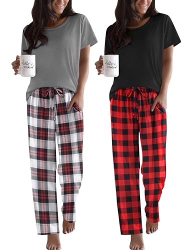Image of Ekouaer 2 Pack Pajamas for Women Set Short Sleeve Sleepwear Top and Pants Pjs Soft Printed Lounge Sets with Pockets