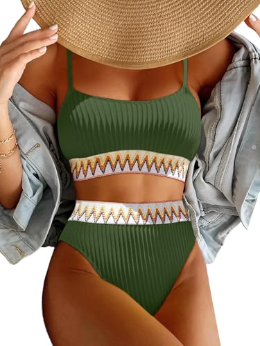Image of Lilosy High Waisted Tummy Control Ribbed Bikini Crop Top Brazilian Swimsuit Set 2 Piece