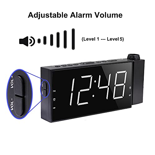 Luide wekker met bedschudder, projectiewekker voor de slaapkamer, trilwekker voor zware slapers met gehoorbeperking, plafondklok met groot led-display dimmer, USB-oplader, 12/24 H, DST - Image 4