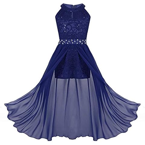 ranrann Kids Girls Sleeveless Floral Lace Shiny Rhinestone Maxi Dress Birthday Party Formal Dance Romper Gown Blue 11-12 Cover