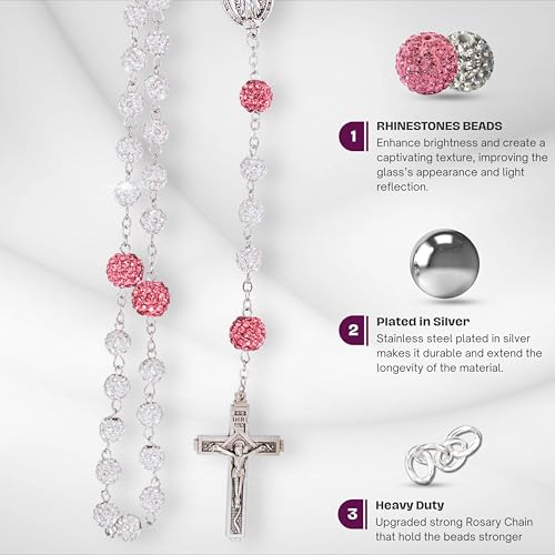 Nazareth Store Rhinestones Crystal Beads Rosary, Catholic Rosary Necklace with Silver Miraculous Medal INRI Crucifix, Multicolor Rosaries in a Gift Case3