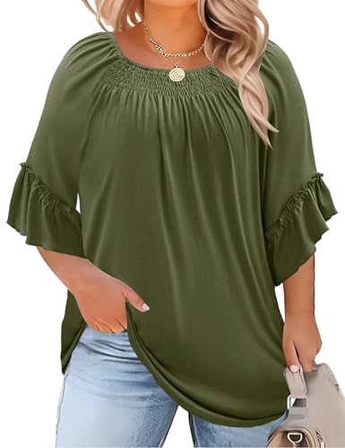 Image of Micoson Womens Plus Size Tops 3 /4 Ruffle Sleeve Crewneck Pleated Shirts