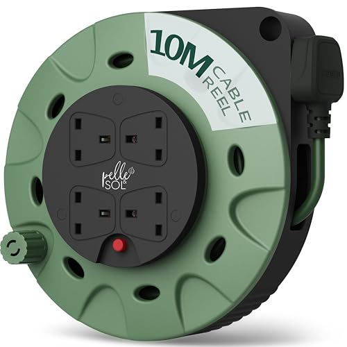 Pelle & Sol 10m Extension Lead Cable Reel with 4 Sockets - Heavy Duty 3120W Power Extension Cable with Overheat Protection for Home Garden DIY & Workshop Use