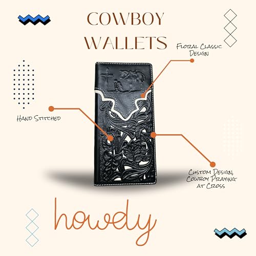 Men’s Long Leather Wallet – Embossed Cowboy Praying at Cross with Laser Cut Floral Design – Christian Western Rodeo Bifold Wallet for Ranchers, Cowboys & Faith Gifts4