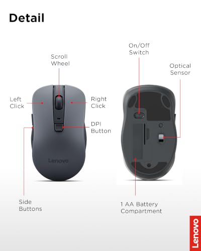 Lenovo WL310 Bluetooth Silent Mouse, Ergonomic, Adjustable DPI, Silent Clicks, Bluetooth 5.0, Portable for Windows, Mac, and Chromebook, Grey - image 7