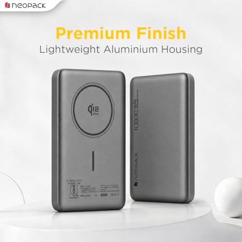 Image of Neopack Rapid Pro Magsafe Power Bank 10000 mAh with 25W Fast Wireless Charging | QI2 Technology | LED Indicator | Strong Magnetic Hold | USB-C in & Output Compatible with iPhone 12 & New Models, Grey