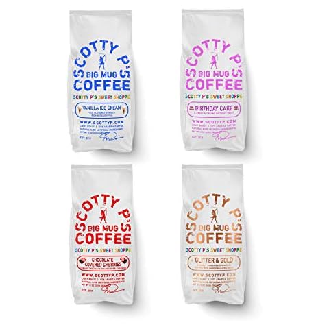 Scotty P's Happy Birthday Sampler Ground Coffee 4 pack (Birthday Cake, Vanilla Ice Cream, Chocolate Covered Cherries, Glitter & Gold) Cover
