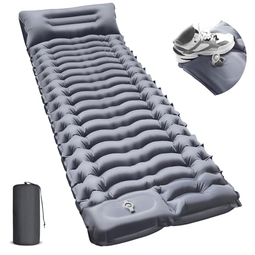 OUTTPLY Sleeping Pad for Camping -Ultralight Inflatable Sleeping Mat with Pillow, Built-in Foot Pump, Compact & Lightweight Camping Mattress Pad for Camp, Backpacking, Hiking, Travel Tent (Grey)