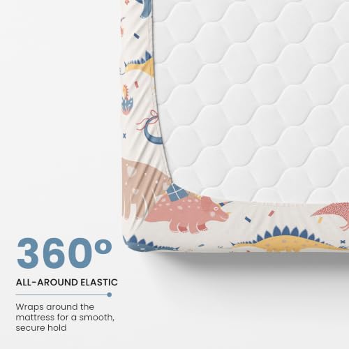 Image of LORETO - A QUALITY LINEN BRAND 144 TC 100% Pure Cotton King Size Fitted Bedsheet with 2 Pillow Covers for 72 x 72 Inch Mattress, All-Around Elastic, 8 Inch Deep Pocket, Coral Blue Dino Party