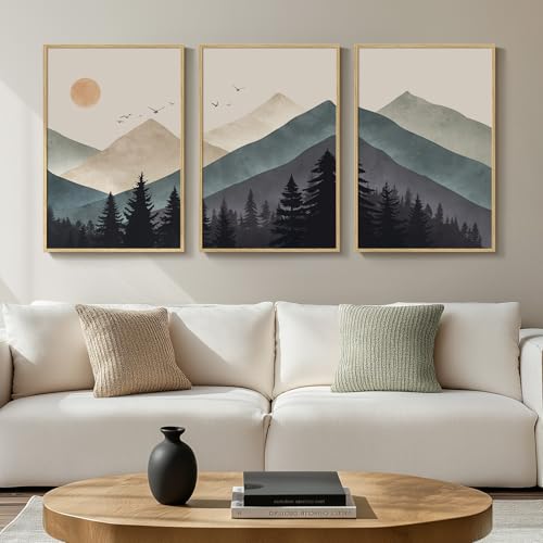 Cuspin Boho Framed Mountain Forest Landscape Wall Art, 3 Piece Bo...