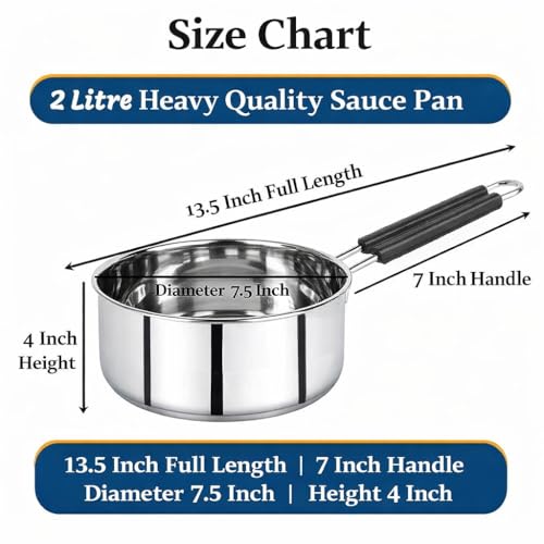 Image of 2 Liter Stainless Steel Sauce Pan | Heavy Quality 22 Gauge Steel Milk & Tea Pan | Mirror Finish Cooking Pot with Heat Resistant Handle | Multipurpose Kitchen Saucepan for Gas Stove