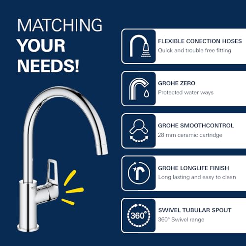 Image of Grohe Bauloop Single-Lever Sink Mixer Faucet 1 /2 inch | Deck Mounted Kitchen Sink Tap | Hot and Cold-Only Single Lever Faucet with 360 Swivel Spout | Chrome Finish | 10 Year Warranty | 31232001