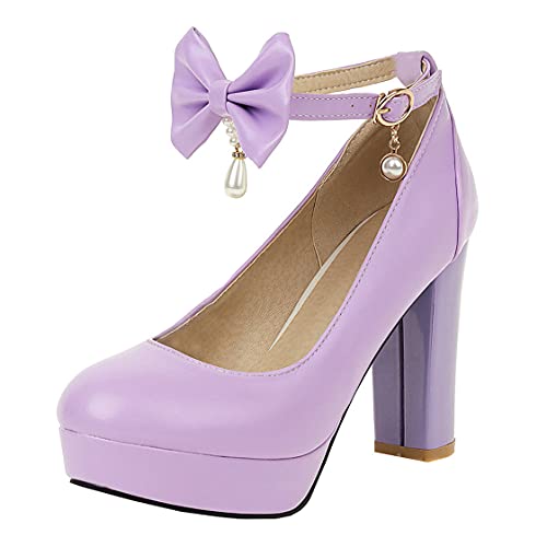 BEAUPAS Women's Platform High Heels Ankle Strap Chunky Heel Pumps Bows Buckle Cute Shoes