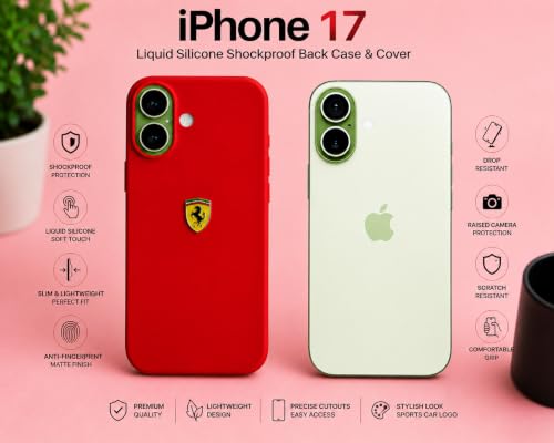 Image of Liquid Silicone Shockproof Back Case and Cover Compatible with Apple iPhone 17, Matte Finish, Slim Protective Cover, Sports car Logo (Red)