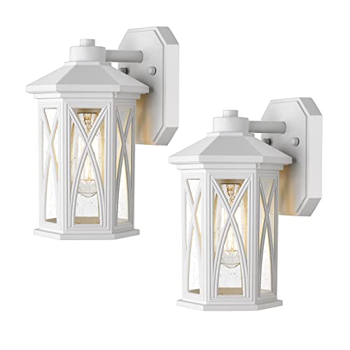 Hopejoy Exterior Light Fixture, 11.3" H White Front Porch Light Wall Mount With Clear Seeded Glass, Anti-Rust Aluminum Outdoor Wall Lights Lantern For Garage Patio Doorway(2 Pack, Sand White) #TOP11