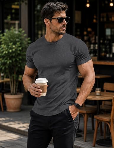 Image of JMIERR Mens Short Sleeve T Shirt Summer Muscle Slim Fitted Crewneck Longline Tees Shirts for Gym Workout
