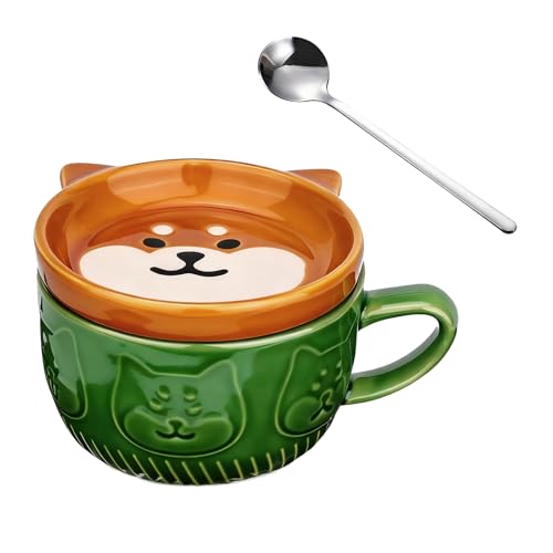 KQDRAVINE Keramik Kaffeebecher 300ML, Kaffetasse Hund mit Deckel und Edelstahl Löffel, Teebecher Cute Mug, Frühstückstasse für Milcht Wasser Freunde Paar Weihnachten Geburtstag (Grün)