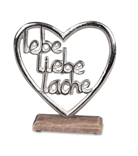 Geschenk-Himmel Schriftzug Lache Liebe Lebe in einem Herz aus Aluminium/Mango Holz Deko Aufsteller Tischdeko Dekoration (Herz ca. 20 cm)
