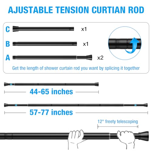 Image of MEXAU 1Pack Spring Tension Curtain Rod 44-77 inch Black Small Tension Rod | Adjustable Curtain Rods No Dilling Extendable Spring Tension Rod Short Curtain Rod for Windows, Kitchen, Bookshelf, Closet