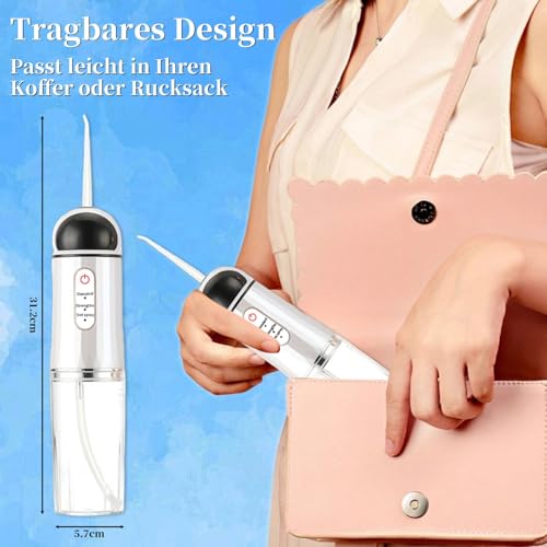 Peran Munddusche Kabellos,Elektrischer Zahnreiniger,3-Gang-Einstellung mit 4 Düsen Wasser Flosser IPX7 Wasserdicht,230ML Reise Elektrischer Zahnreiniger für die Reinigung von Mund und Zahnspange – Bild 4