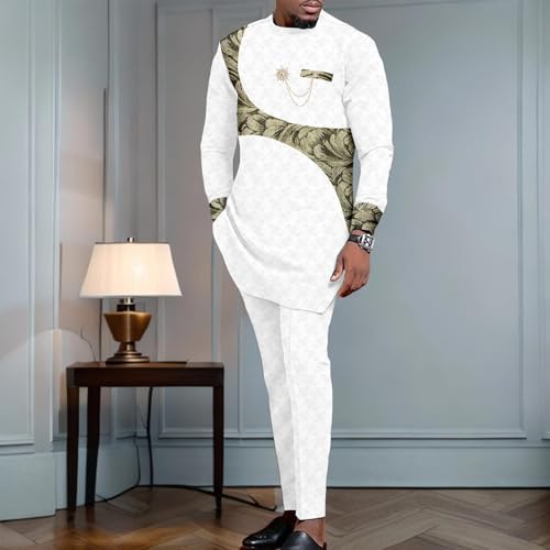 Bazin Riche African Men Clothes Embroidery Brooch Casual Men Shirts and Pants Set Dashiki Outfits2