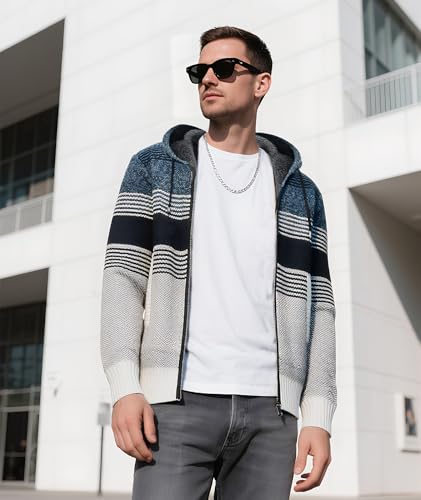 Image of LLdress Mens Knit Cardigan Sweaters Sherpa Lined Full Zip Hoodie With Pockets