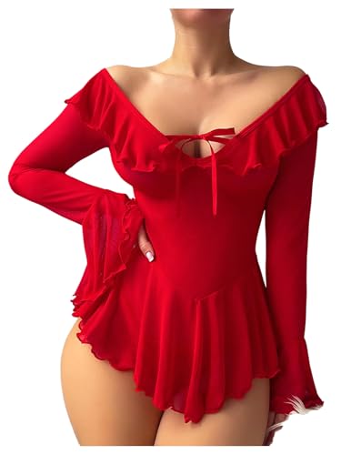 Image of OYOANGLE Women's 2 Piece Off Shoulder Long Sleeve Ruffle Mesh Sheer Nightgowns with Thongs Babydoll Lingerie Set