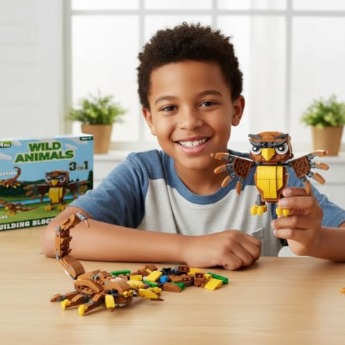 Image of Apex 3-in-1 Wild Animal Building Blocks Toy Set- Build Owl, Hawk or Scorpion | 194 PCS Creative Construction Bricks | STEM Educational Toy for Kids Ages 6+
