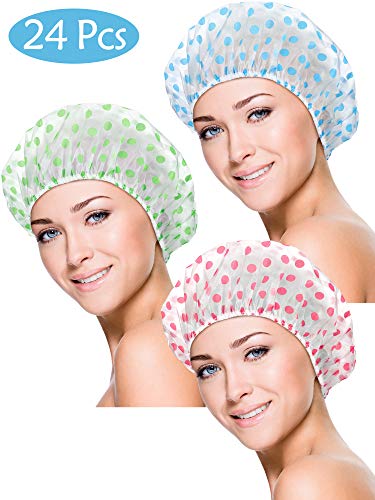 24 Pieces Women Shower Caps Elastic Reusable Bathing Hair Cap Waterproof EVA Plastic Caps Flower Printed Bath Caps for Women Girls Home, Hair Salon, Hotel and Travel Use
