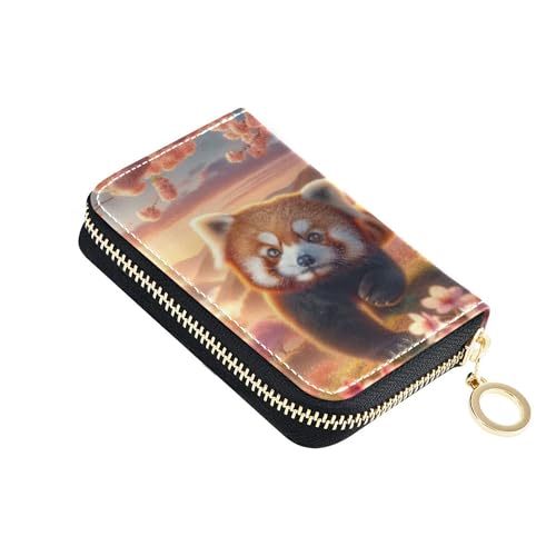 RFID Blocking Credit Card Wallets Cute Small Womens Wallet Zip Around Coin Purse Wallet with Zipper Red Panda Cherry Blossom Dream