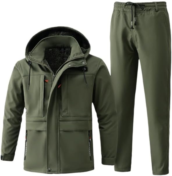 Men's Winter Ski Suits, Mens Trendy Winter Outdoor Sports Plush and Thicken Hooded Ski Suits Set