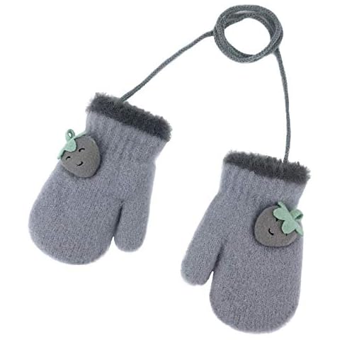 BEISIJIA Toddler Kids Knitted Warm Gloves Cute Cartoon Gloves Thicken Soft Cozy Winter Full Fnger Mittens with Anti-lost String for 1-4 Years Kids (Strawberry Grey) Cover