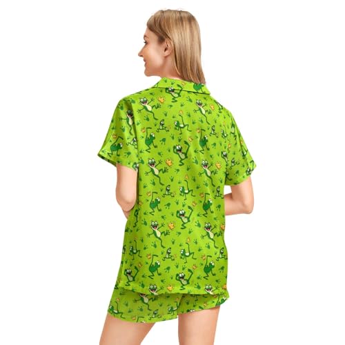 Image of Funny Pajamas for Women Set Print Satin Loungewear Pjs Short Sleeve Button Down Top and Shorts Sets Sleepwear XS-3XL