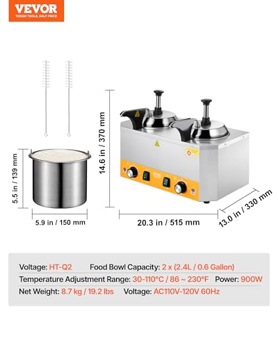 Image of VEVOR Electric Cheese Dispenser with Pumps, 2.4x2 L Commercial Hot Fudge Warmer, Stainless Steel Heated Double Pumps Dispenser, 86-230℉ Temp Adjustable Nacho Cheese Warmer for Fudge Cheese Caramel