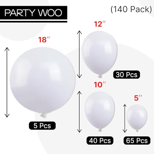 partywoo white balloons 140 pcs different sizes pack of 18 12 10 5 inch matte white latex balloon arch kit garland for wedding bridal graduation baby shower birthday party decorations white-y13