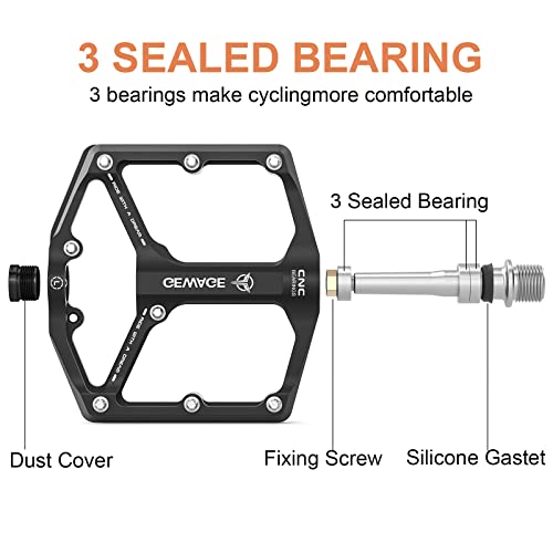 Flat Bicycle Pedals with 3 Bearings - CNC Machined 9/16” with Removable Anti-Skid Nails