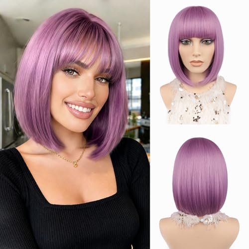 JIAMEISI Lila Kurze Bob Perücke mit Pony 30 cm Glattes Bob Perücke für Damen Synthetische Faser Buntes Haar geeignet für Cosplay Partys Weihnachten Halloween (Lilapink)